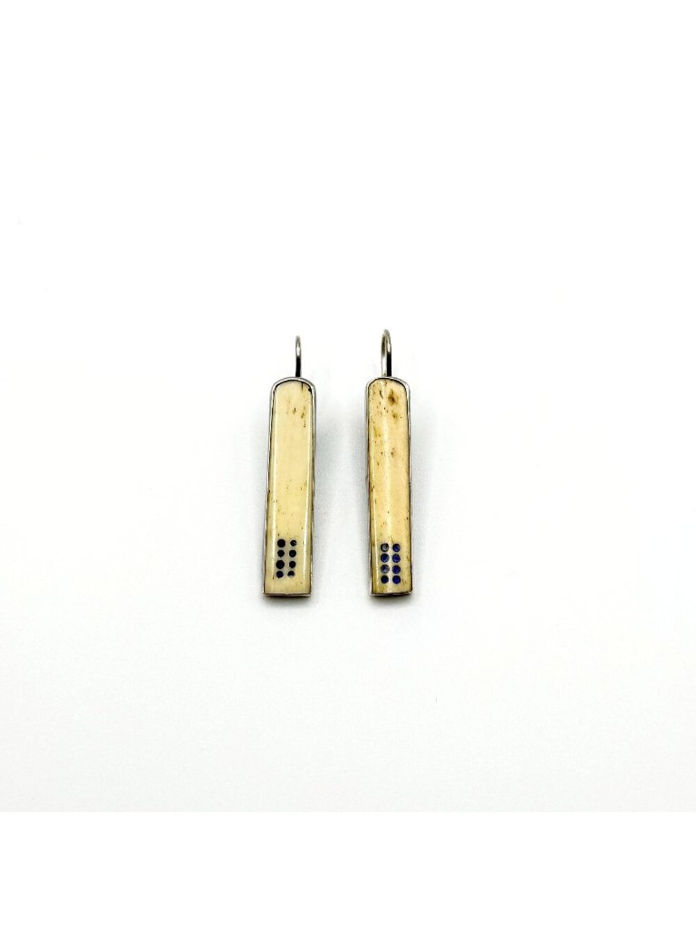 Handcrafted 925 Sterling Silver Bar Dangle Earrings With Ivory & Blue Dot Accent